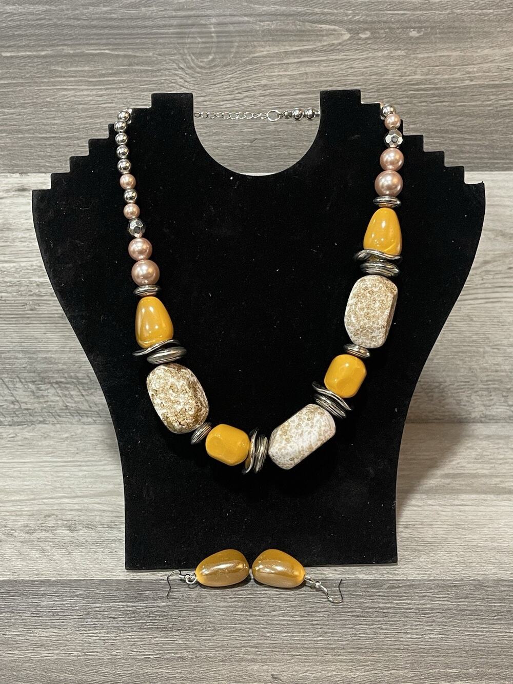 Chunky Statement Necklace & Earrings Set Amber Yellow Beaded Boho Artisan Style